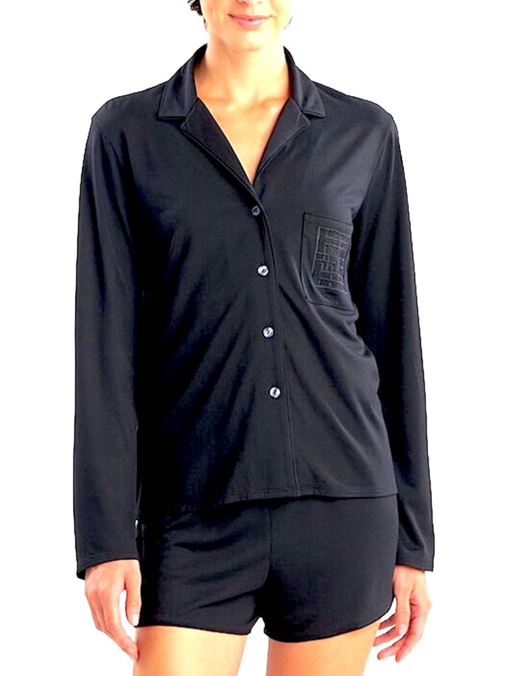 NWT NATORI Shangri-La Pajama Set in Black Long Sleeve Top & Shorts Size Medium